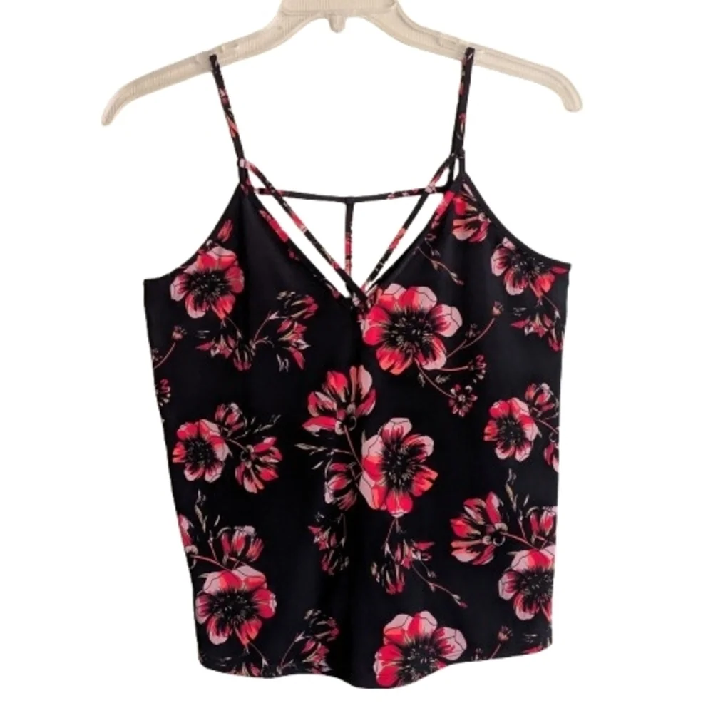 Free People Black Pink Floral Print Strappy Top Camisole V-neck Coquette